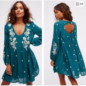 Free People Teal Long Sleeve Dress with White Embroidery
